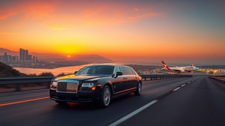 A sleek black limousine glides along the Pacific Coast Highway at sunset, with the San Diego skyline on one side and the bright lights of LAX runway in the distance, evoking luxury travel between the two cities.