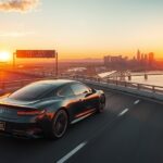 A sleek black luxury car cruising along the I-5 freeway at sunset, with the Los Angeles International Airport terminal visible on the left and the San Diego skyline—including the harbor and Coronado Bridge—in the distance, all bathed in warm golden light.