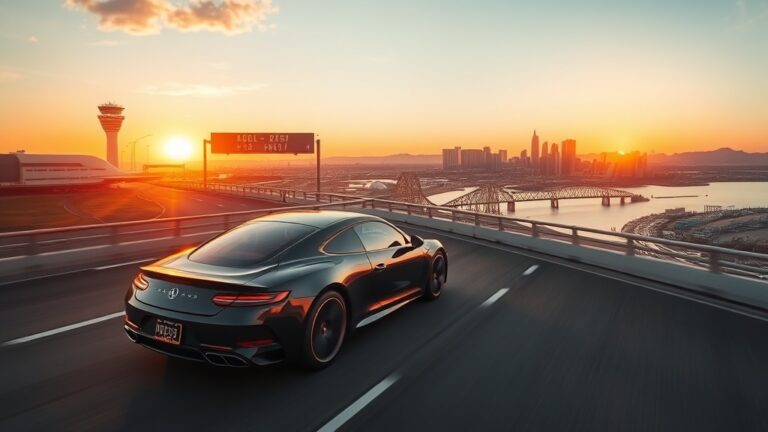 A sleek black luxury car cruising along the I-5 freeway at sunset, with the Los Angeles International Airport terminal visible on the left and the San Diego skyline—including the harbor and Coronado Bridge—in the distance, all bathed in warm golden light.