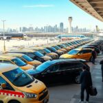 A bustling San Diego International Airport terminal with a vibrant array of transportation options—sleek shuttle vans, classic taxis, luxury limos, and modern ride‑share vehicles—lined up beside a bright California skyline, while travelers in varied attire wait at baggage claim.