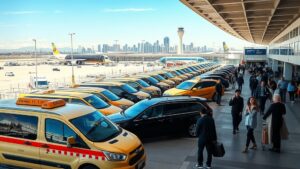A bustling San Diego International Airport terminal with a vibrant array of transportation options—sleek shuttle vans, classic taxis, luxury limos, and modern ride‑share vehicles—lined up beside a bright California skyline, while travelers in varied attire wait at baggage claim.