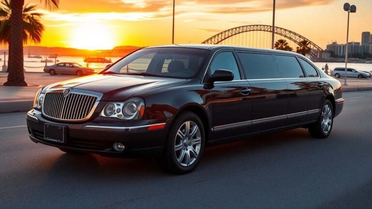 A glossy black limousine glides along a sunlit San Diego boulevard, its polished surface reflecting the iconic Coronado Bridge and a vibrant sunset over the bay, evoking luxury, reliability, and the promise of a stress‑free journey.