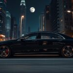 A sleek, black luxury sedan glides along a moonlit city boulevard, its polished chrome and subtle LED accents reflecting the neon glow of surrounding skyscrapers, while a minimalist, plush interior is visible through the tinted windows, evoking high-end ground travel.
