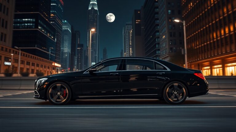 A sleek, black luxury sedan glides along a moonlit city boulevard, its polished chrome and subtle LED accents reflecting the neon glow of surrounding skyscrapers, while a minimalist, plush interior is visible through the tinted windows, evoking high-end ground travel.