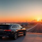 Elegant black SUV parked outside Los Angeles International Airport at sunset, driver holding a travel bag beside a polished concierge desk, with a scenic highway stretching toward the horizon leading to the San Diego skyline.