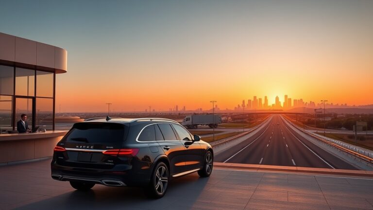 Elegant black SUV parked outside Los Angeles International Airport at sunset, driver holding a travel bag beside a polished concierge desk, with a scenic highway stretching toward the horizon leading to the San Diego skyline.