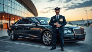 A gleaming black luxury sedan parked beside a sleek, modern airport terminal, its polished chrome reflecting the evening sky, while a professional driver in a crisp uniform holds a name tag, exuding confidence and exclusivity.