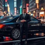 A polished black luxury sedan glides down a rain‑slick city street at night, its sleek lines and illuminated windows reflecting neon city lights. A confident chauffeur in a tailored black suit stands beside the car, exuding professionalism and sophistication.
