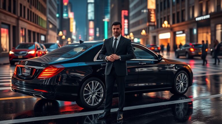 A polished black luxury sedan glides down a rain‑slick city street at night, its sleek lines and illuminated windows reflecting neon city lights. A confident chauffeur in a tailored black suit stands beside the car, exuding professionalism and sophistication.