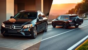 A polished black Mercedes-Benz with a professional chauffeur standing beside it, contrasted with a luxury rental SUV on a scenic highway, all bathed in warm, inviting lighting.