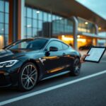A sleek black luxury car parked beside a modern airport terminal, a business executive holding a tablet with a glowing itinerary. Soft ambient lighting and cinematic depth of field emphasize the importance of careful planning.