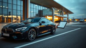 A sleek black luxury car parked beside a modern airport terminal, a business executive holding a tablet with a glowing itinerary. Soft ambient lighting and cinematic depth of field emphasize the importance of careful planning.