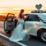 A bride in a flowing gown stepping into a classic white limousine on a winding road, with a glowing GPS map overlay and delicate floral garlands draped over the car, set against a warm sunset sky.
