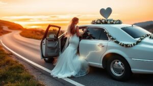 A bride in a flowing gown stepping into a classic white limousine on a winding road, with a glowing GPS map overlay and delicate floral garlands draped over the car, set against a warm sunset sky.