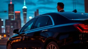 A gleaming black luxury sedan with a chauffeur in a tailored uniform stands against a neon‑lit city skyline at dusk, its polished chrome and subtle LED accents reflecting the urban glow. The vehicle’s interior is hinted at with a discreet GPS screen, symbolizing precise, reliable executive transport.