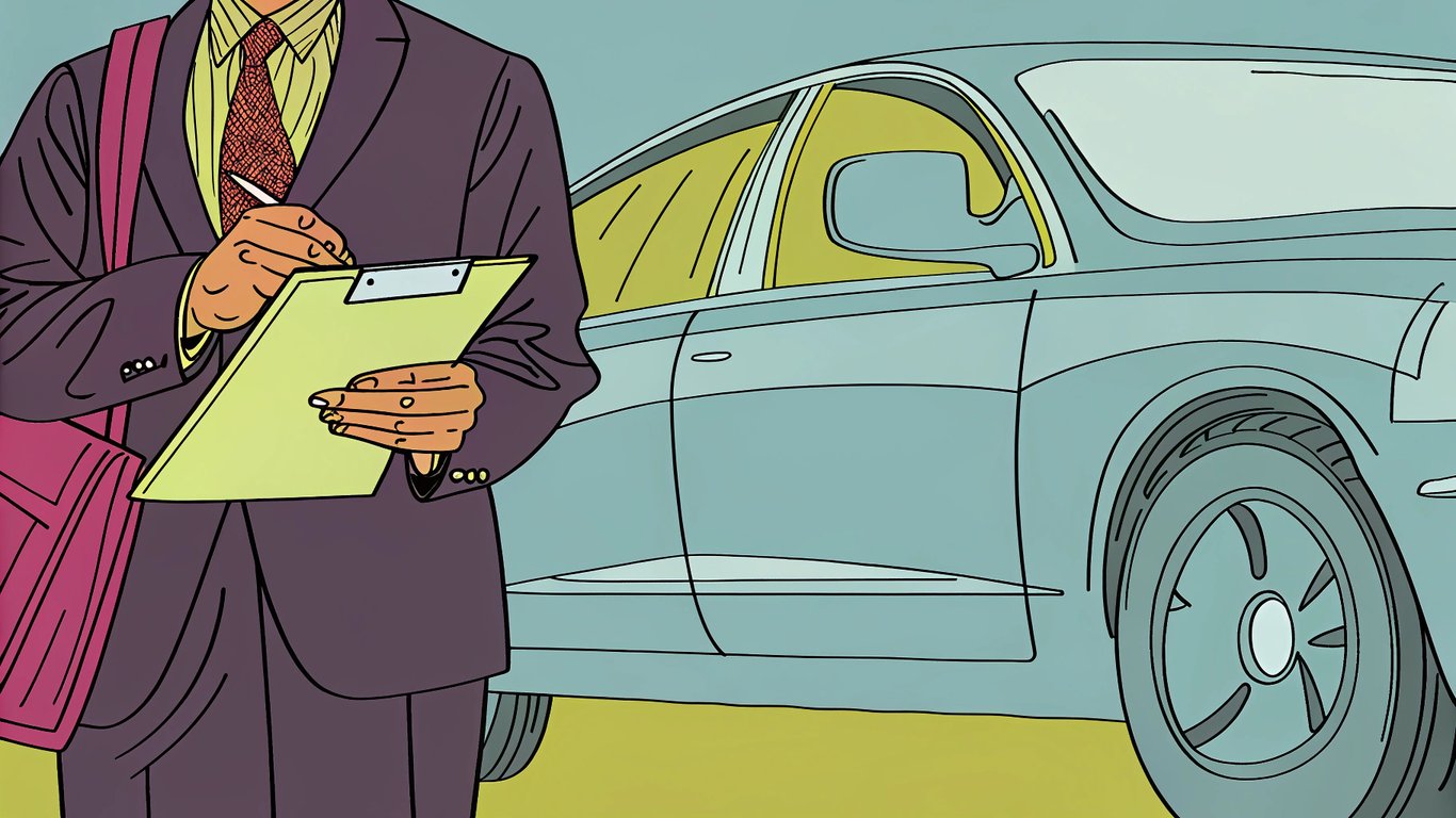 Professional chauffeur reviewing a checklist next to a luxury car