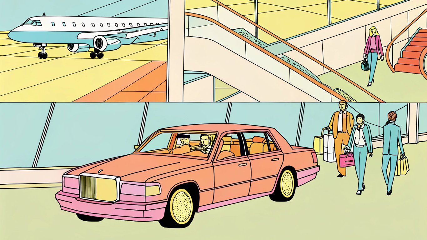 Luxury car at airport arrival and departure, symbolizing a complete travel journey