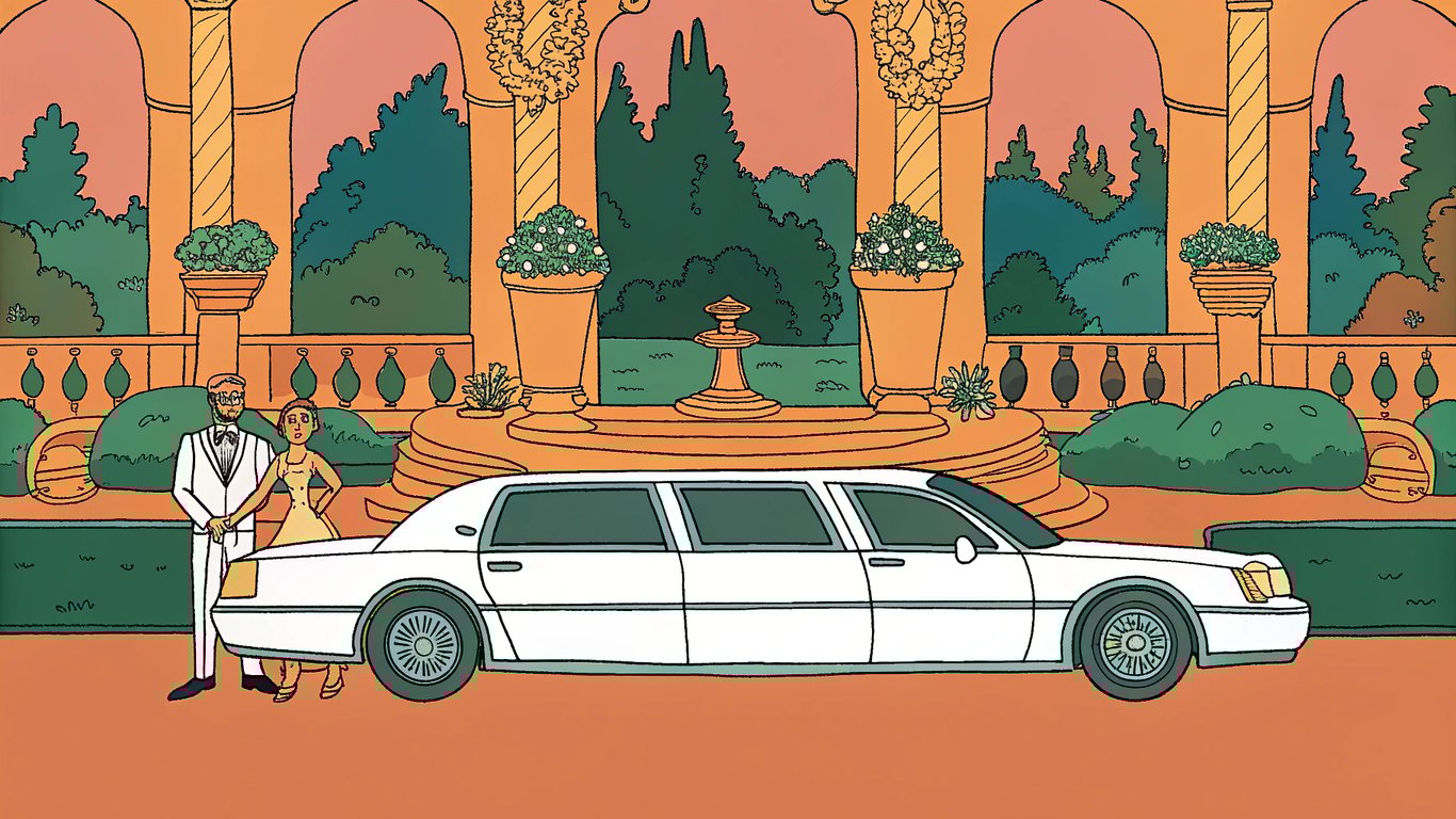 An elegant white stretch limousine at a wedding venue with a happy couple, symbolizing reliable wedding transportation.