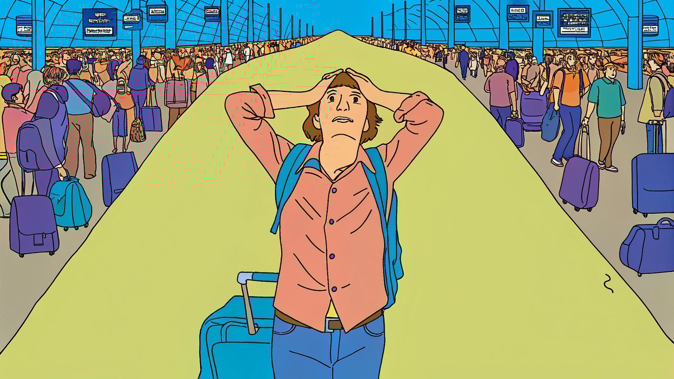 Illustration of a stressed traveler at a busy airport with a long road ahead, symbolizing the challenging journey.