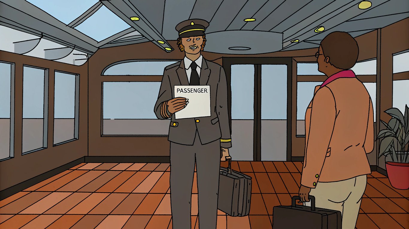Illustration of a professional chauffeur holding a name sign, greeting a passenger inside an airport terminal.