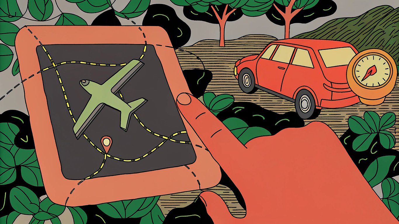 Illustration depicting flight tracking technology, showing a plane icon linked to a car icon with an adjusting clock.