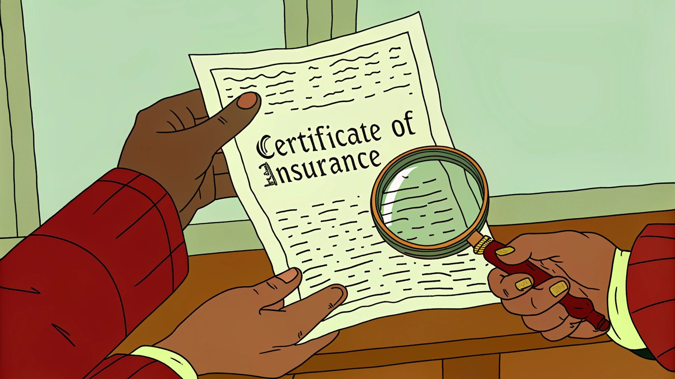 Illustration of a hand holding a Certificate of Insurance document, with a magnifying glass inspecting its details.