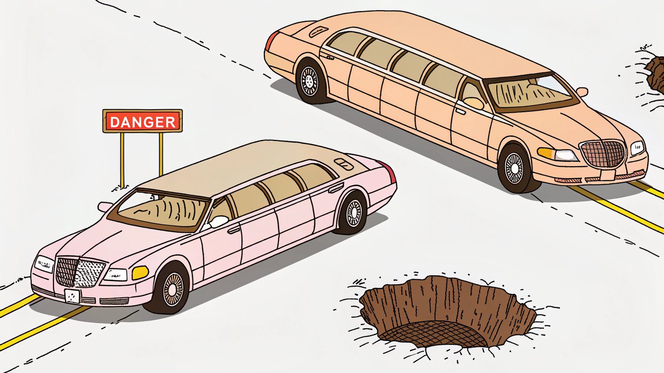 Illustration showing a luxury limousine heading towards a hidden pothole, symbolizing the dangers of choosing an unlicensed service, contrasted with a safe path.