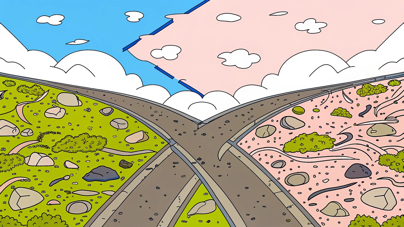 Illustration comparing a smooth, predictable road to a chaotic, unpredictable one, symbolizing reliable vs. unreliable travel.