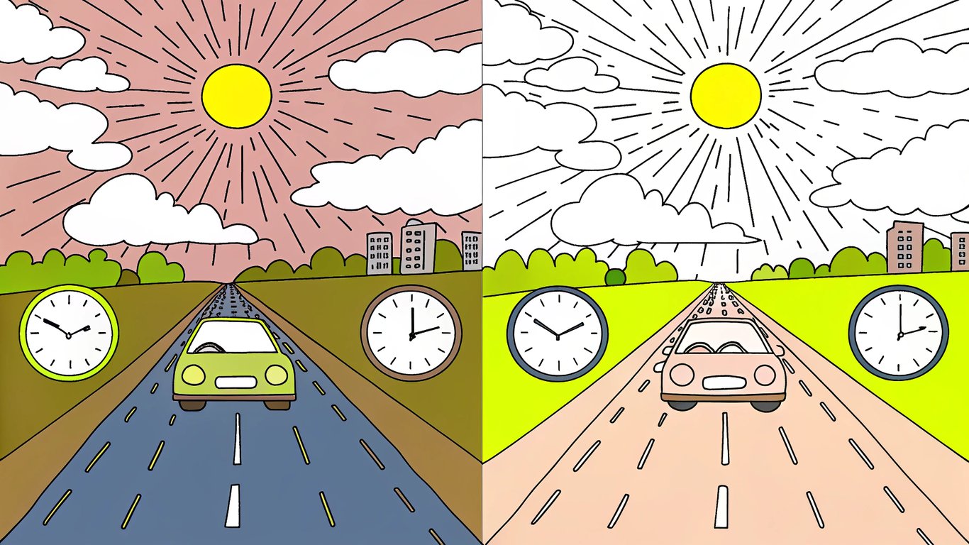 Illustration depicting two scenarios: a car moving quickly on a clear highway and a car stuck in heavy traffic, with clocks showing varying travel times.
