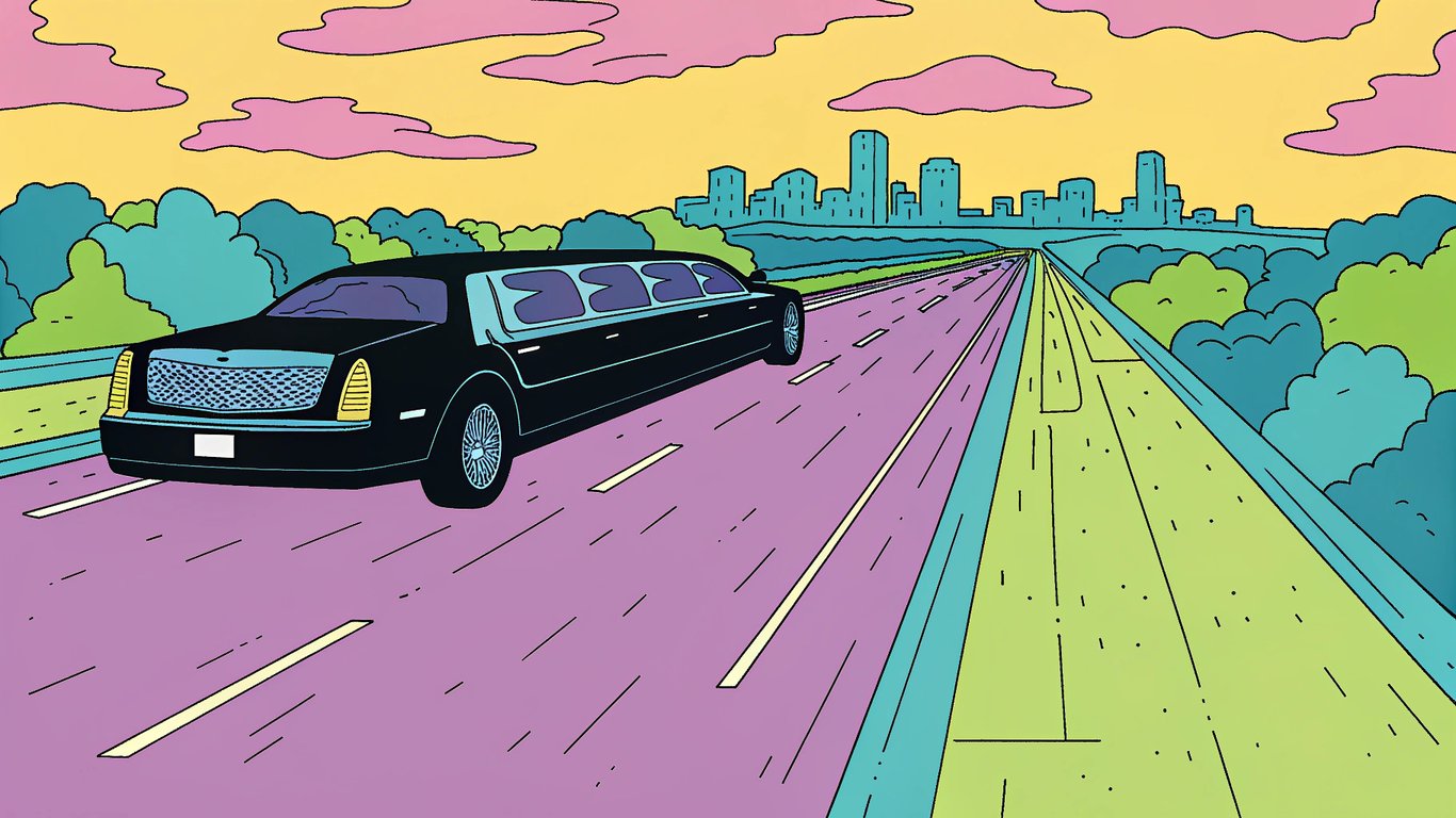 A luxury limousine traveling on a highway connecting two distant cities.