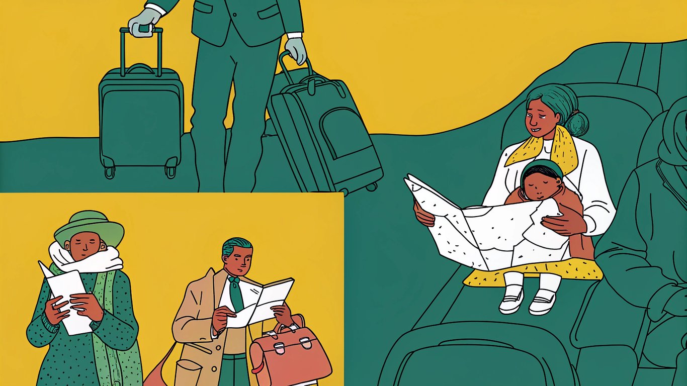 Diverse groups of travelers including business people, families, and event attendees, all looking relaxed.