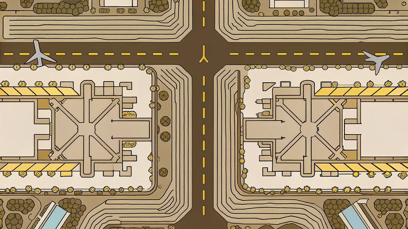 Illustration of San Diego Airport terminals 1 and 2.