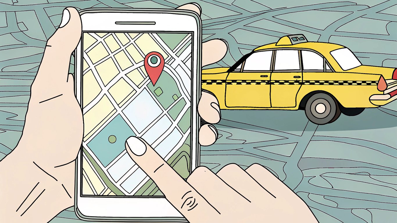 Smartphone app showing a car arriving for an on-demand ride, with a taxi nearby.