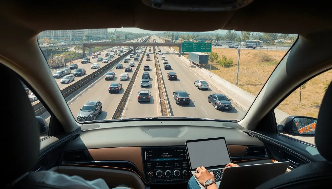 Illustration showing heavy traffic on a freeway outside a luxury car where a passenger is relaxed and productive.