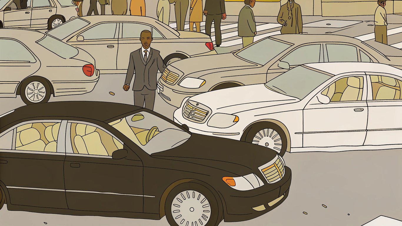 Illustration contrasting a busy, disorganized rideshare pickup with a calm, professional luxury car service pickup at an airport.