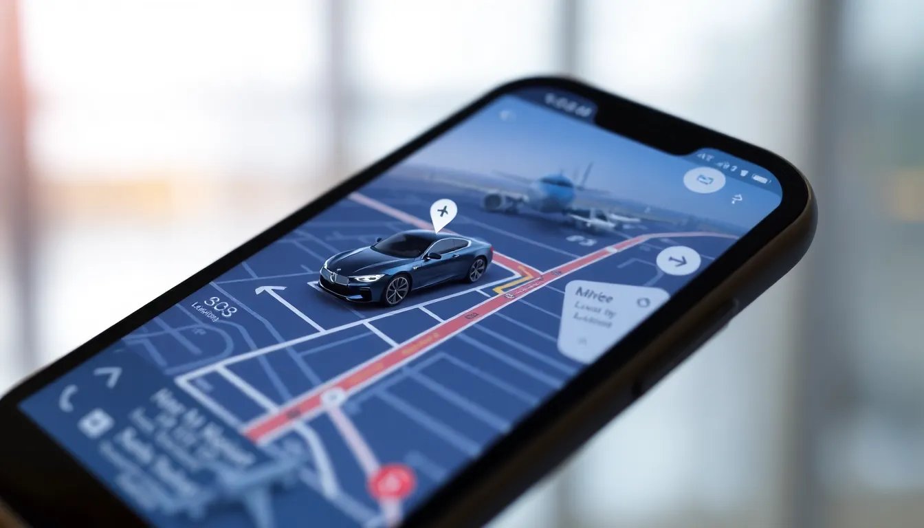 Luxury Travel Guide: Premium Ground Transportation 2026 2 Rides On Time Smartphone showing real-time vehicle tracking and flight monitoring