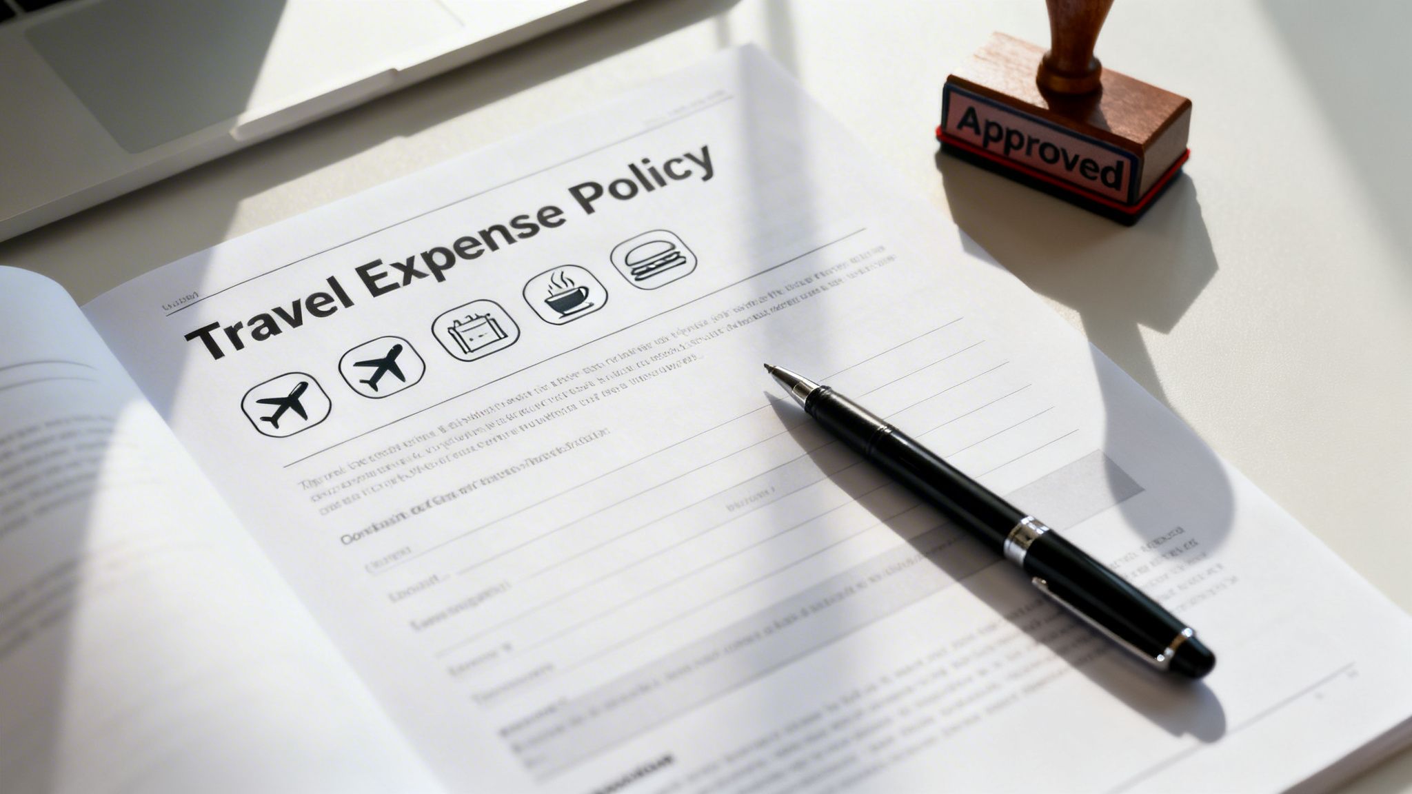 A 'Travel Expense Policy' document with travel icons, a pen, and an 'Approved' stamp on a desk.