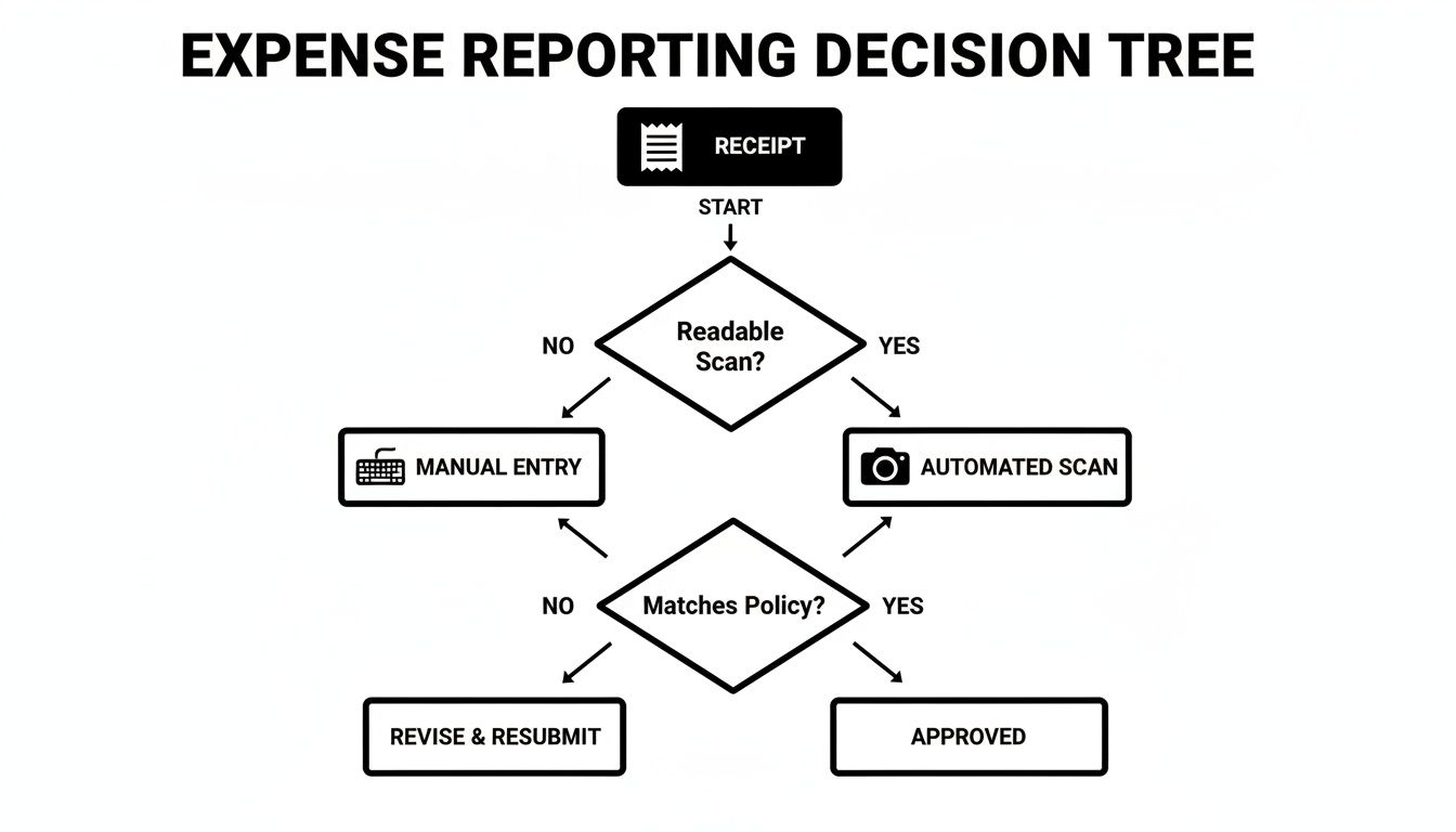 A flowchart detailing the expense reporting decision process from receipt scanning to approval or resubmission.