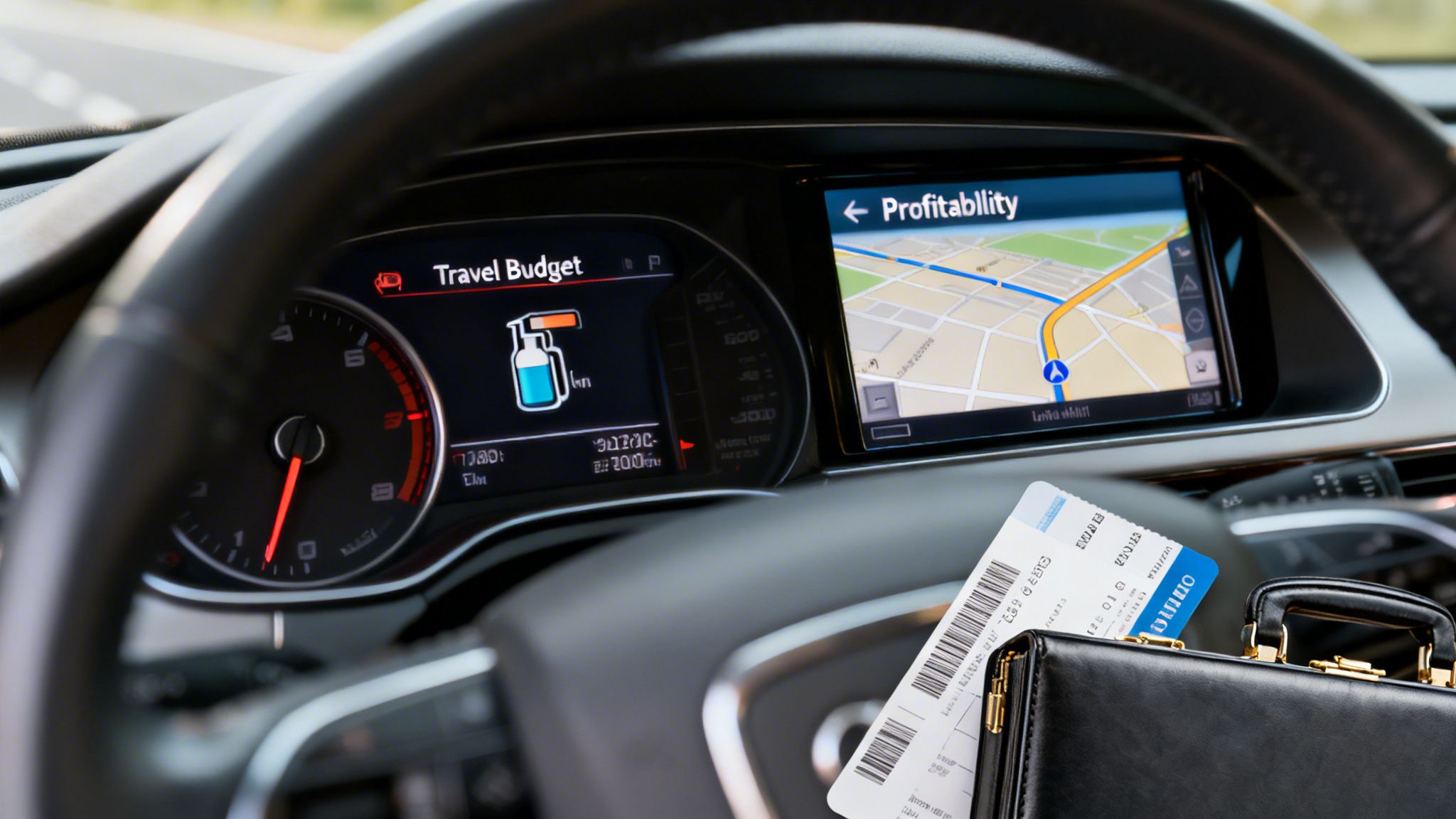 A car dashboard displaying travel budget and navigation, with a business briefcase and receipt.