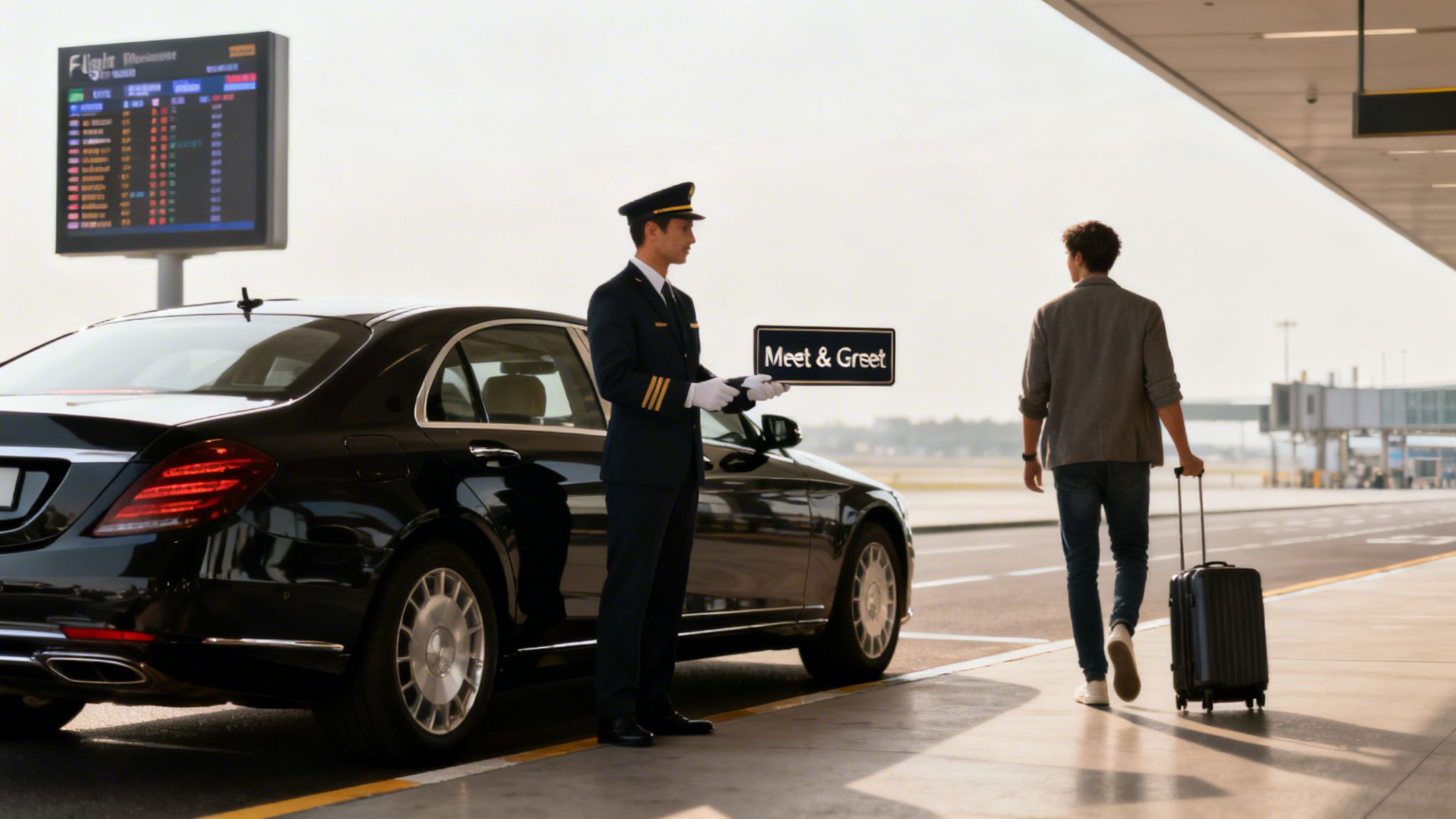 A uniformed chauffeur holds a 'Meet & Greet' sign for an arriving passenger at an airport.