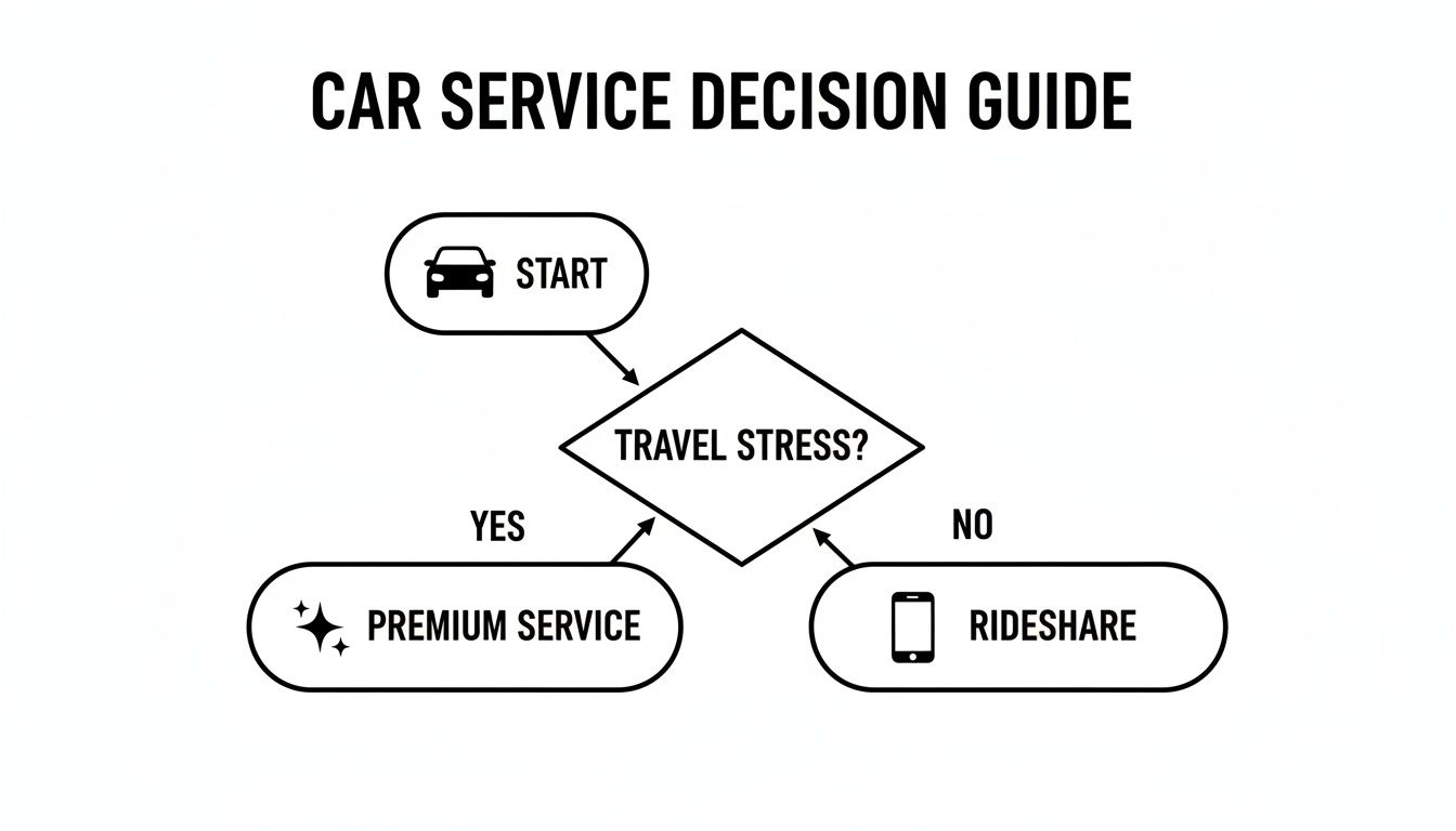 A car service decision guide flowchart showing options based on travel stress: Premium Service or Rideshare.