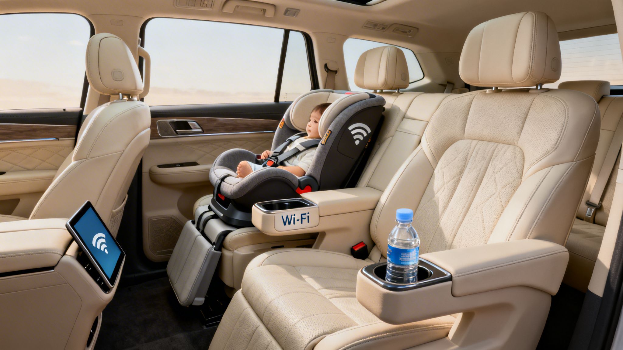Modern car interior with a baby in a car seat, tablet, and visible Wi-Fi connectivity.