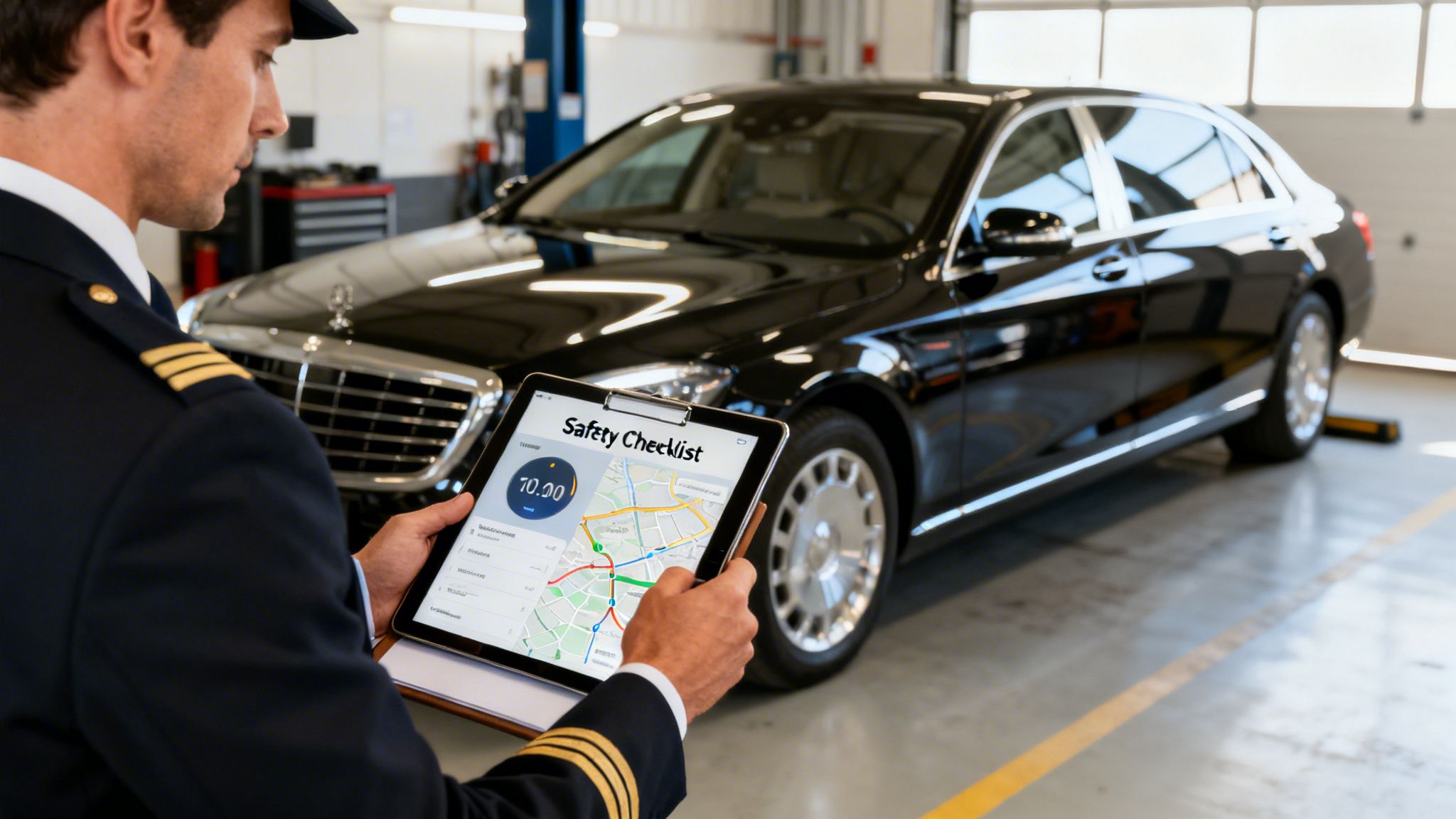 A chauffeur in uniform reviews a digital safety checklist and map on a tablet in front of a luxury black car in a garage.
