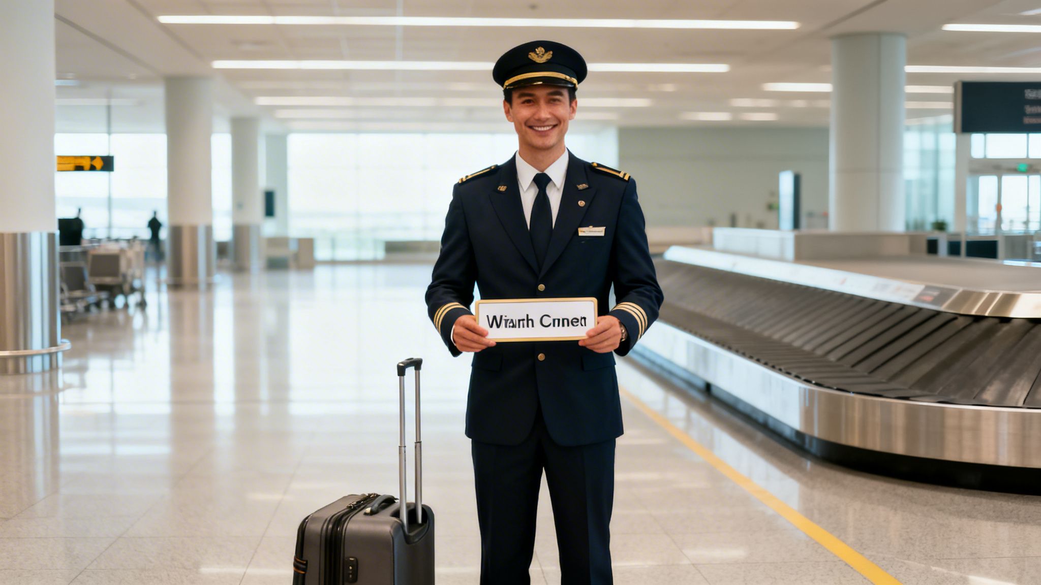 Your Ultimate Guide to Car Service San Diego 3 Rides On Time A happy pilot in full uniform holds a sign in a bright airport terminal next to a luggage carousel.