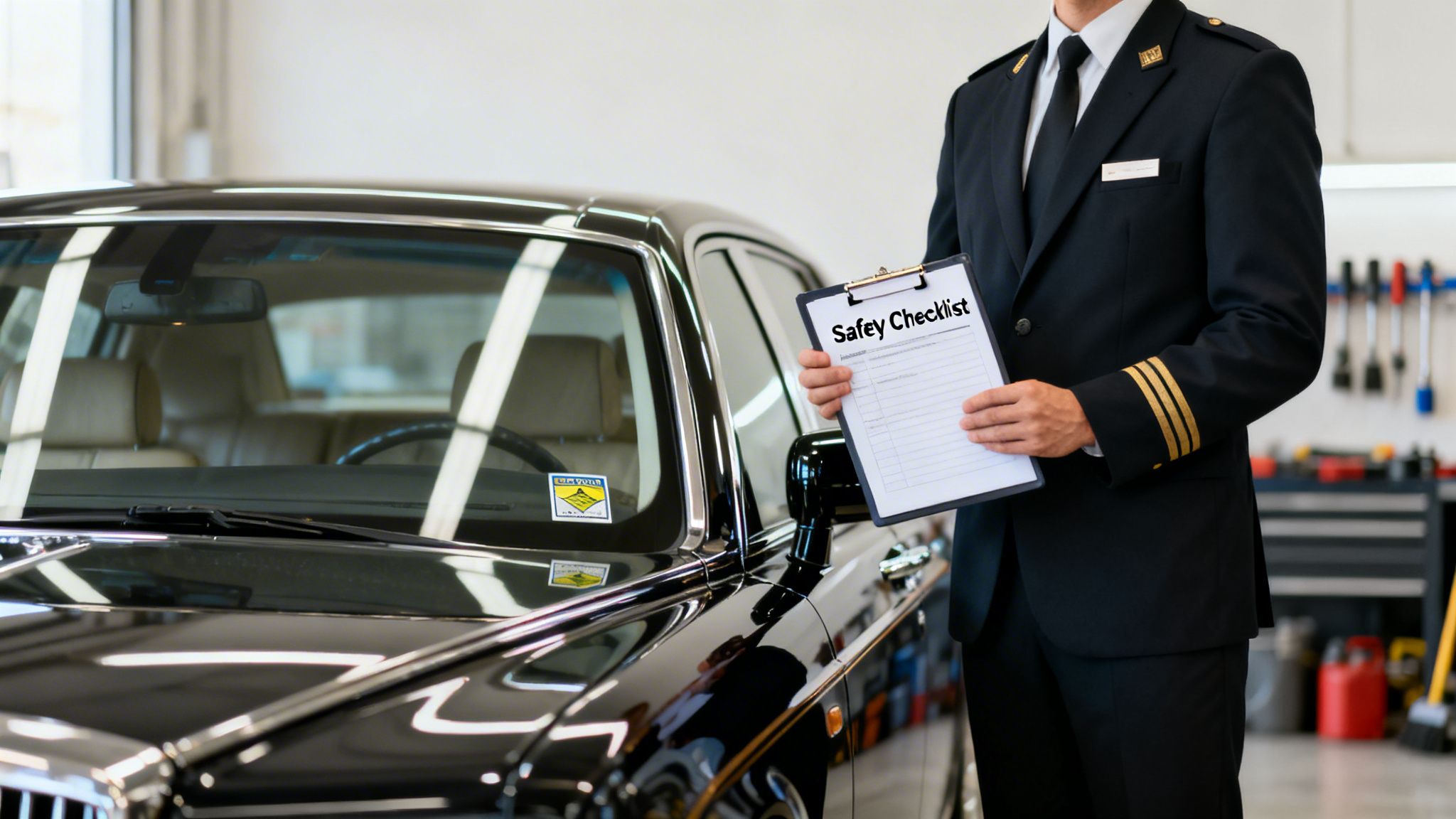 Your Ultimate Guide to Car Service San Diego 4 Rides On Time Chauffeur in uniform holding a safety checklist next to a black luxury car in a service garage.