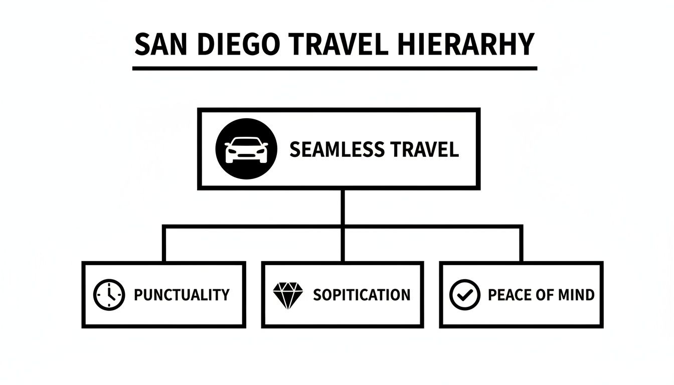 Your Ultimate Guide to Car Service San Diego 1 Rides On Time A San Diego travel hierarchy diagram showing seamless travel leading to punctuality, sophistication, and peace of mind.