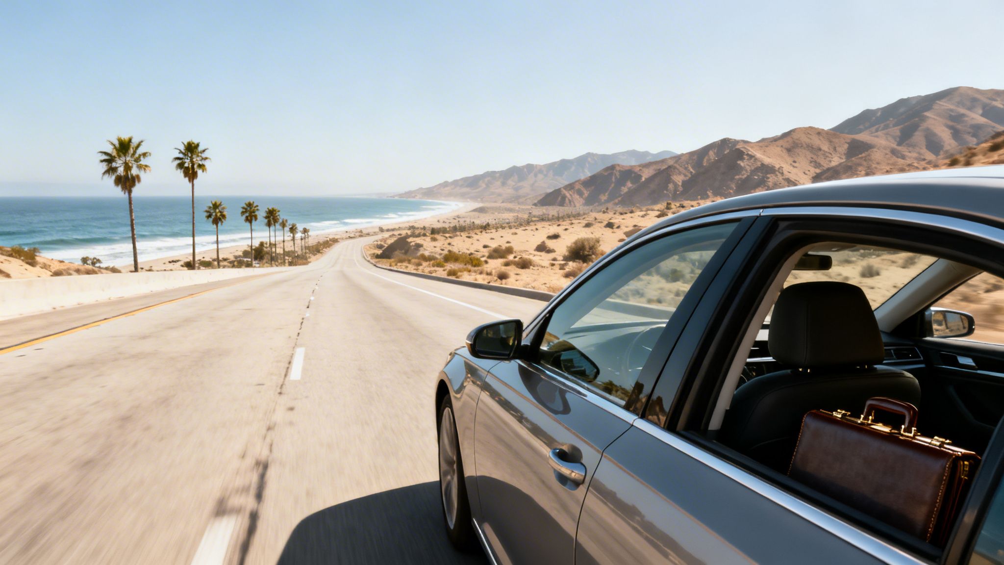 A car drives on a sunny coastal highway with palm trees, an ocean, and mountains in the distance.