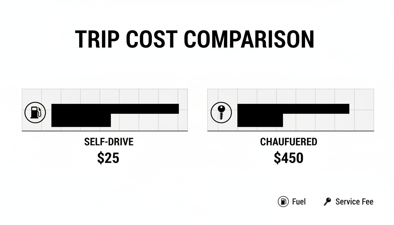 A bar chart comparing trip costs for self-drive ($25) and chauffeured ($450) options, detailing fuel and service fees.
