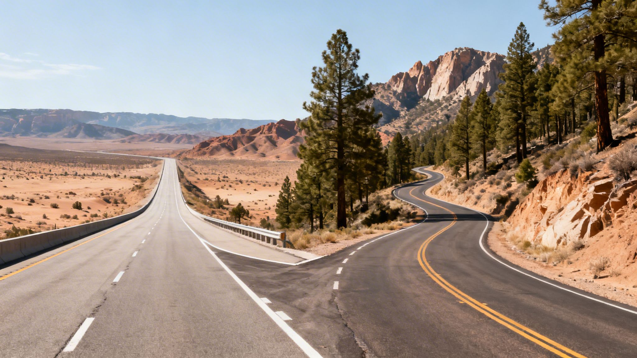 Two roads diverge: one straight into a desert, one winding up a pine-covered mountain.