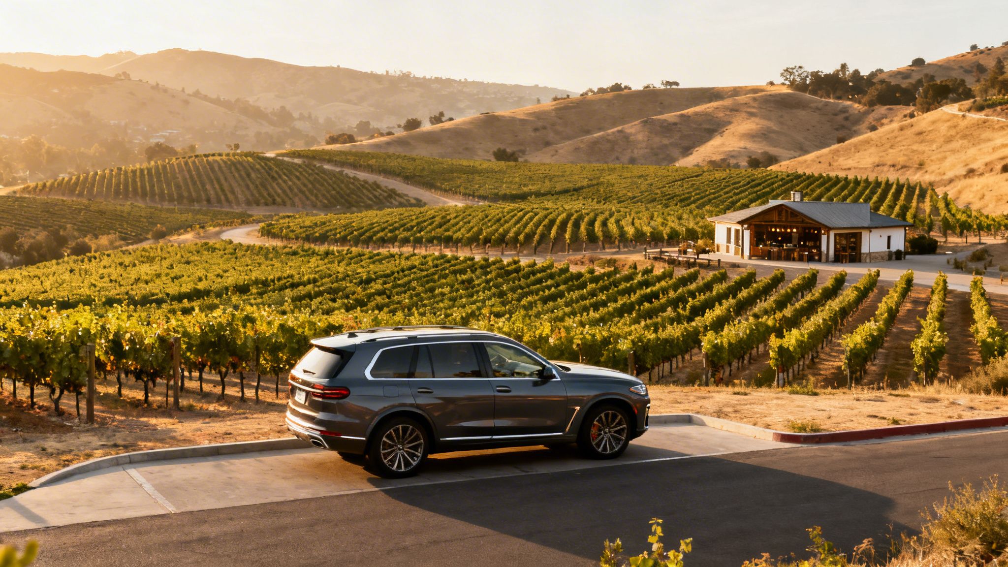 A grey SUV parked on a paved area, overlooking a sunlit vineyard with rolling hills and a winery building.